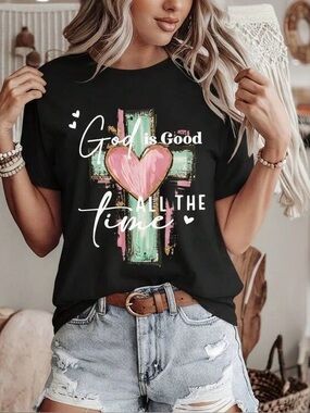 God Is Good All The Time Graphic Tee Black Christian Faith Cross Heart Shirt